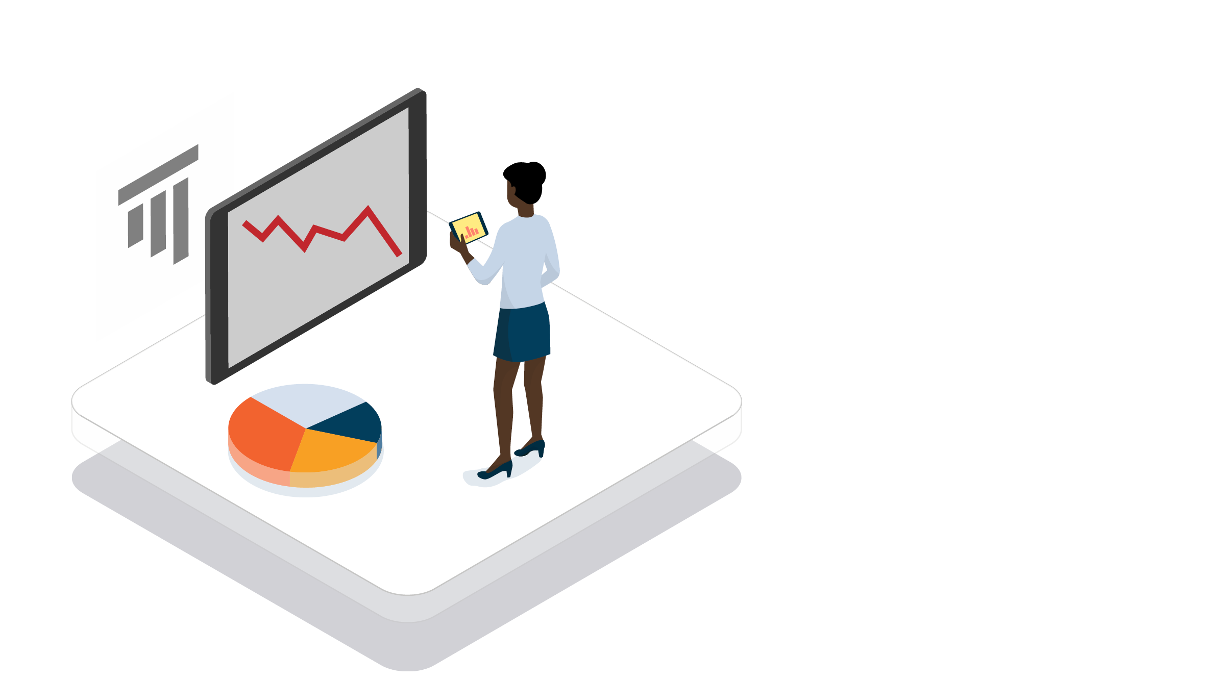 illustration showing woman looking at graphs and pie charts displaying downward trend